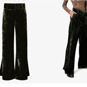 NWT Frame Panne Crushed Velvet Wide Leg Trousers in Deep Moss Size 6